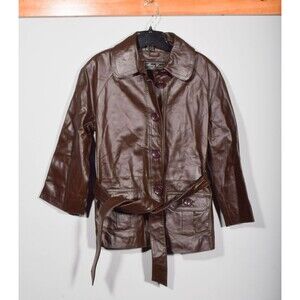 Vintage 90s Y2K Terry Lewis Brown Leather Belted Button Up Jacket Sz S